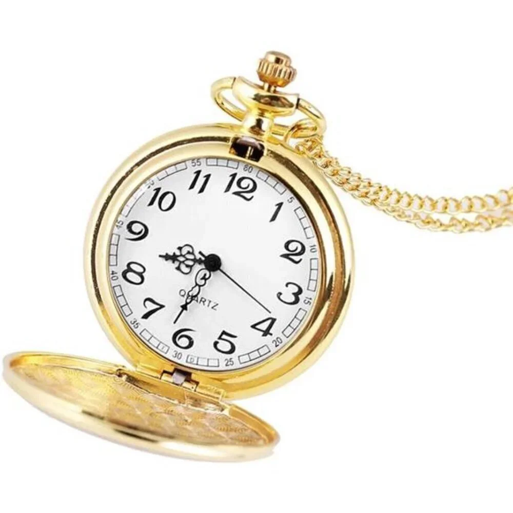 Vintage Quartz Pocket Watch Set – Silver & Gold with Chain Men Or Women